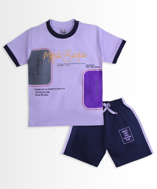 Miftah Half Sleeves T-Shirt & Half Pant Set | Violet