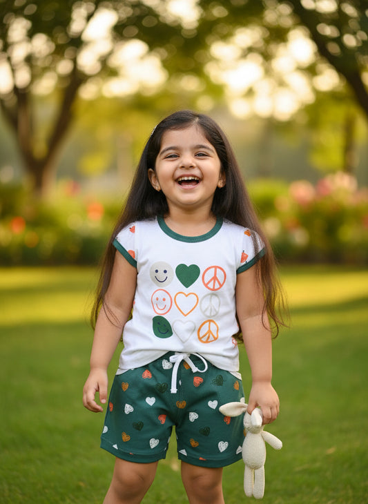 Smiley Heart Short Sleeves Top & Hot Pant Set | Green