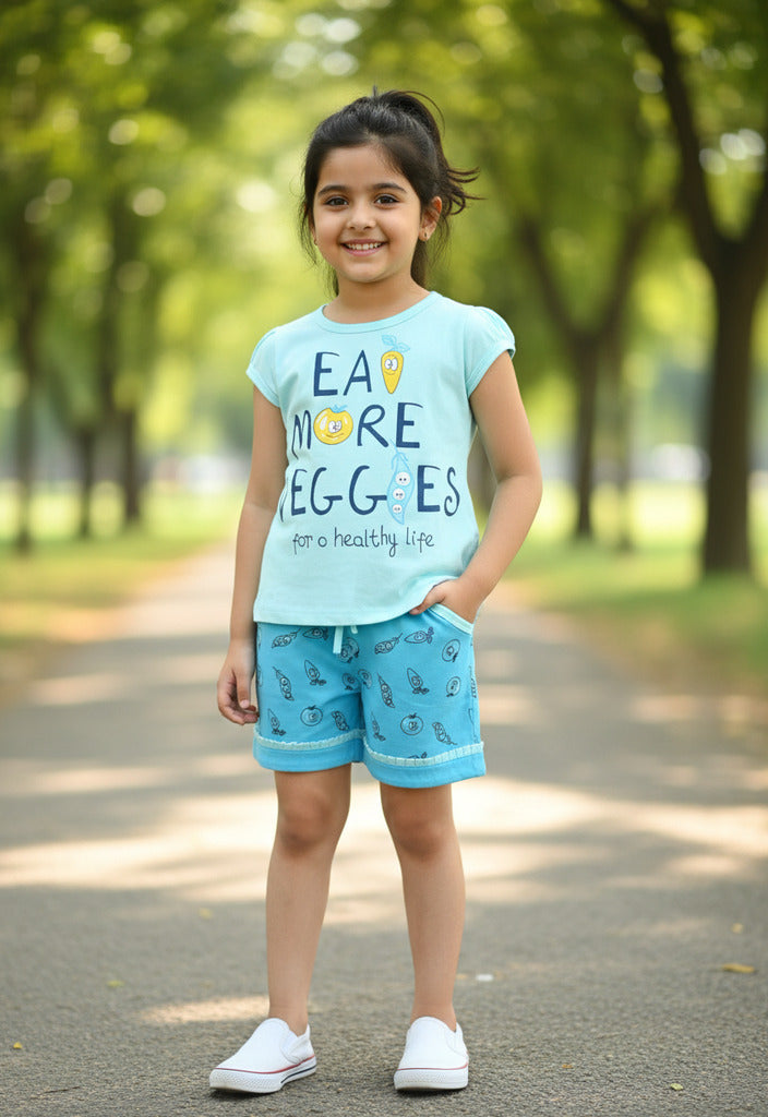 Eat More Veggies Short Sleeves Top & Hot Pant Set | Blue