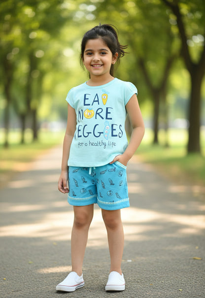 Eat More Veggies Short Sleeves Top & Hot Pant Set | Blue