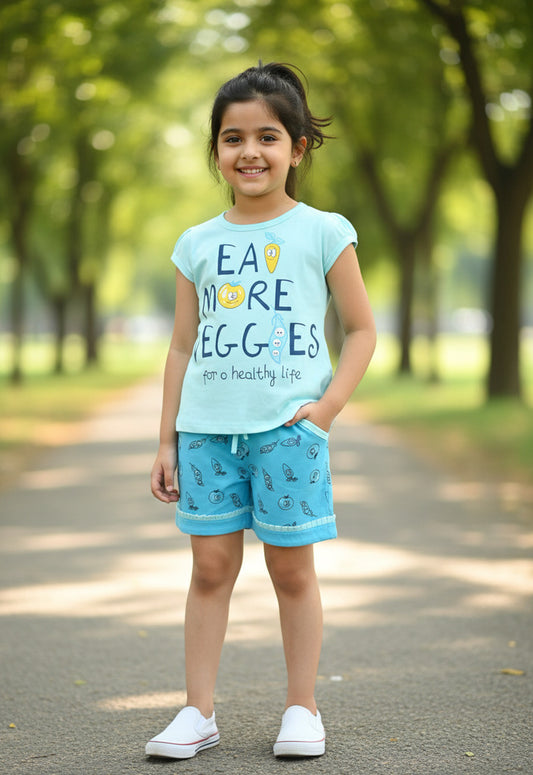 Eat More Veggies Short Sleeves Top & Hot Pant Set | Blue