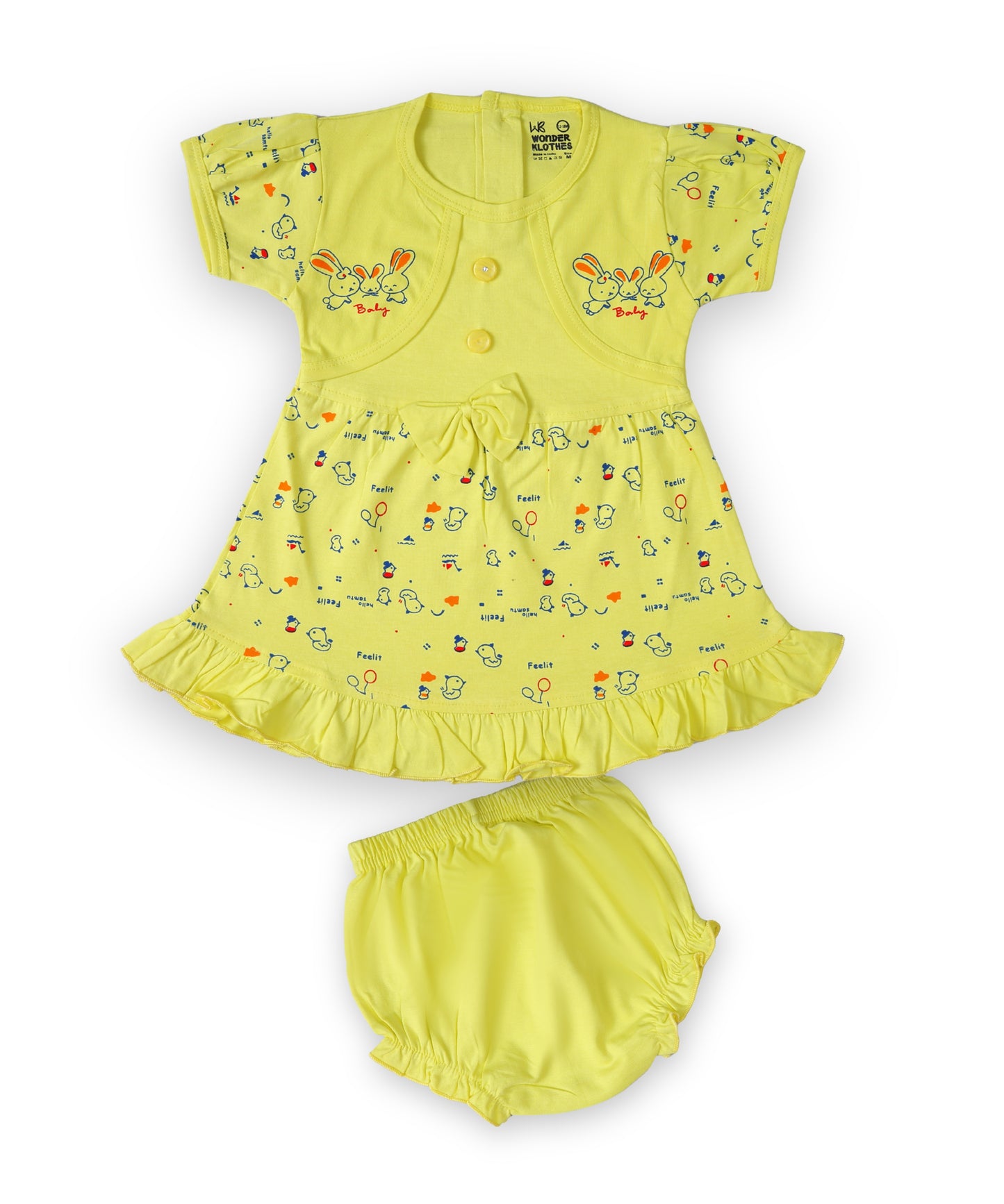 Baby Birds Half Sleeves Frock & Bloomer Pant Set | Yellow