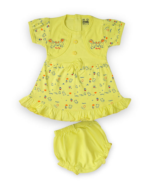 Baby Birds Half Sleeves Frock & Bloomer Pant Set | Yellow