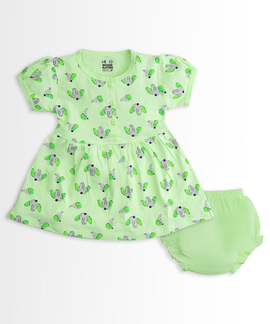 Elephant Half Sleeves Frock & Bloomer Pant Set | Green