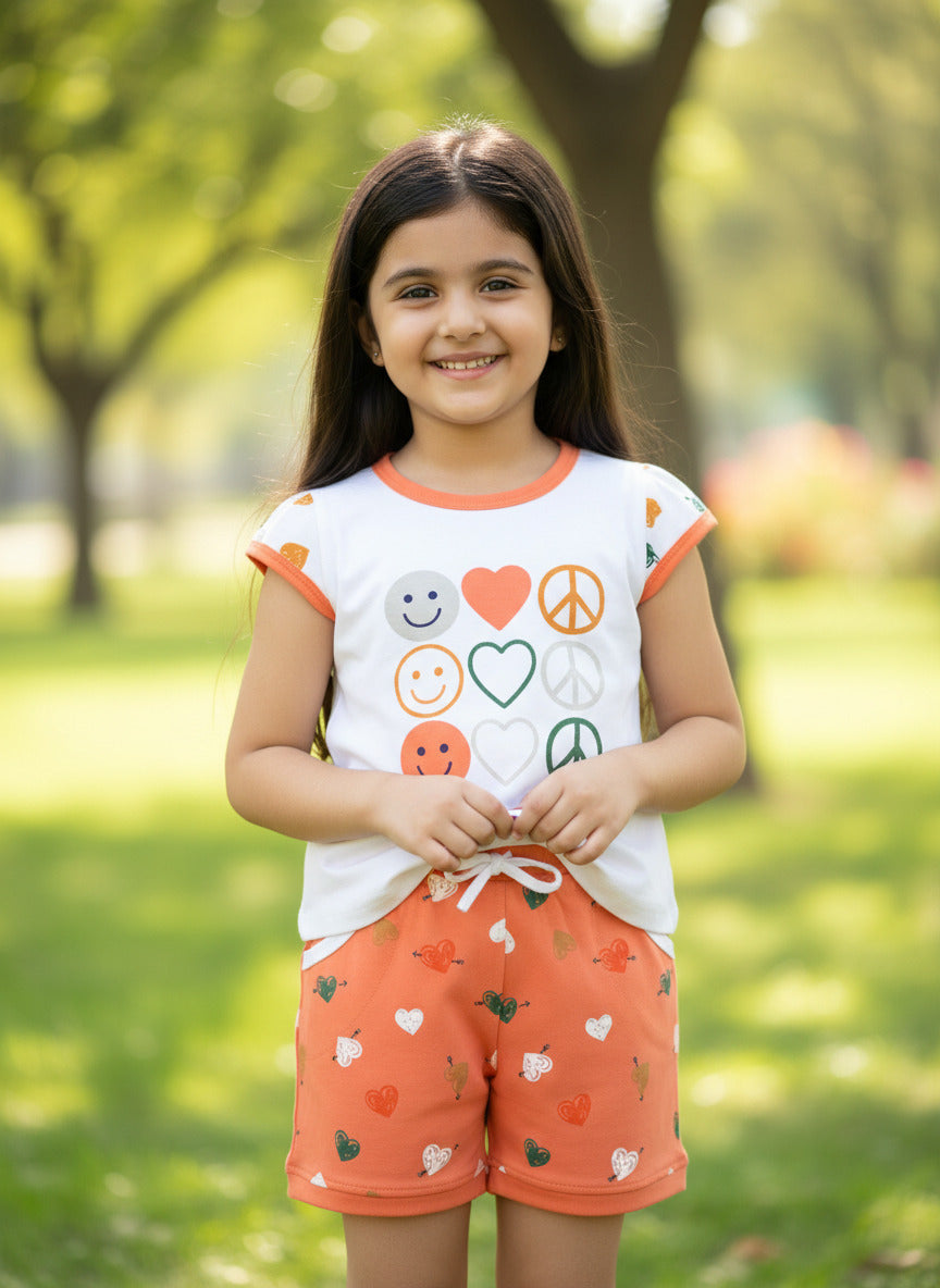 Smiley Heart Short Sleeves Top & Hot Pant Set | Orange