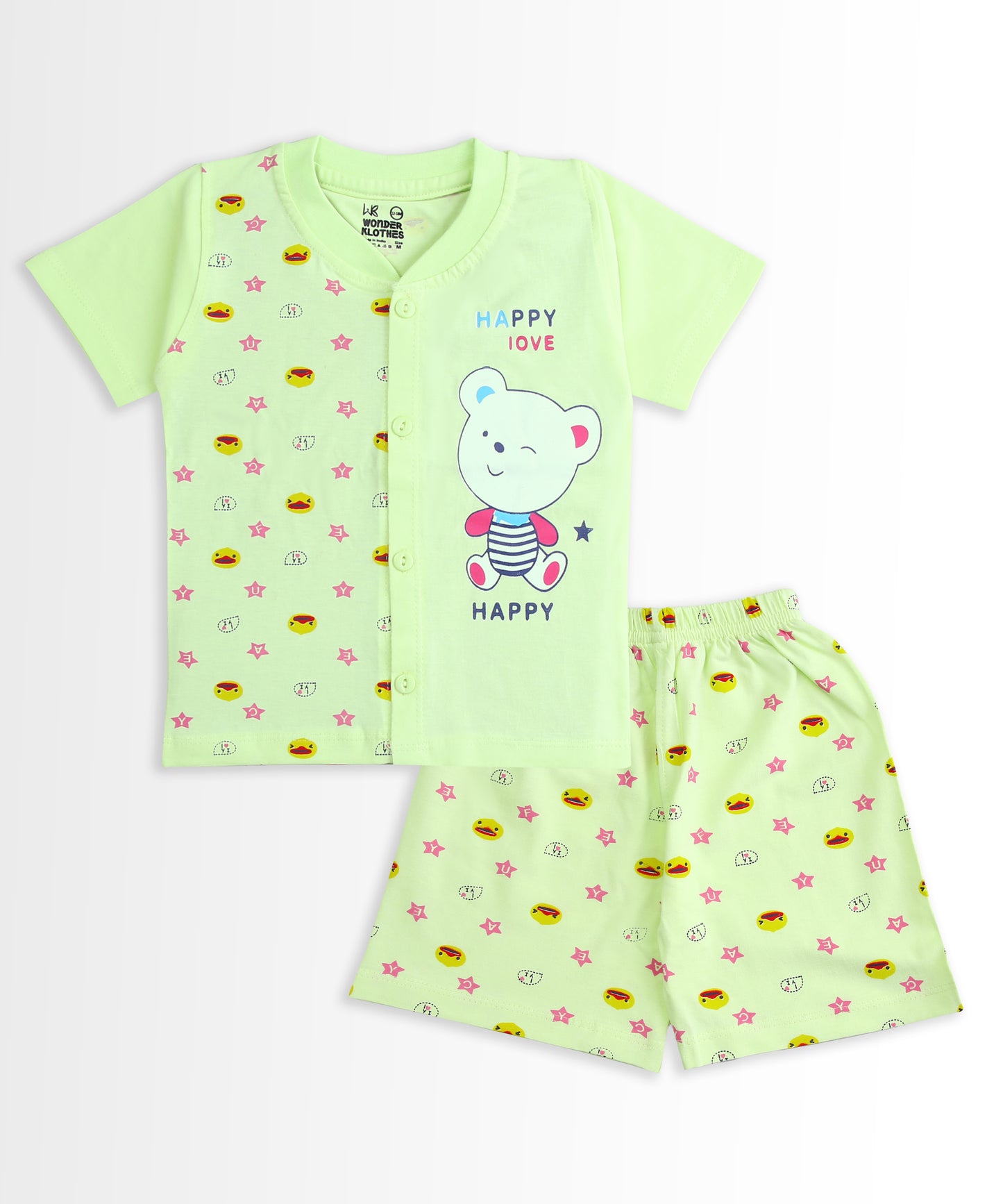 Happy Bear Half Sleeves Front Open T-Shirt & Half Pant Set | Green