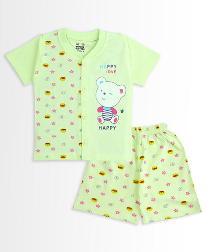 Happy Bear Half Sleeves Front Open T-Shirt & Half Pant Set | Green