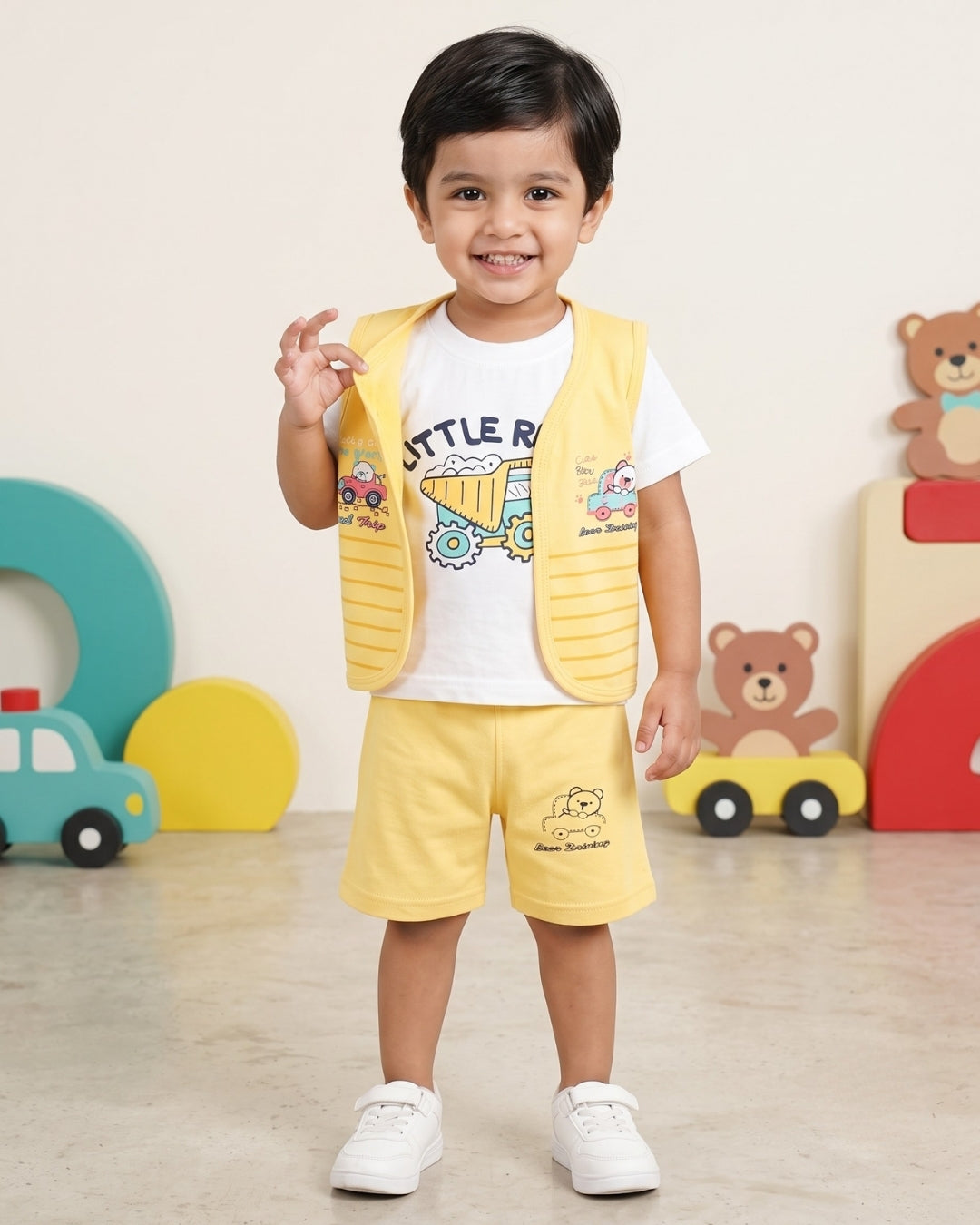 Driving Bear 3-Piece Half Sleeves T-Shirt & Half Pant Set with Sleeveless Jacket | Yellow