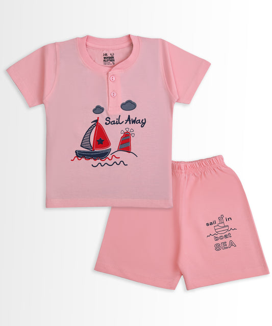 Sail Away Half Sleeves T-Shirt & Half Pant Set | Pink