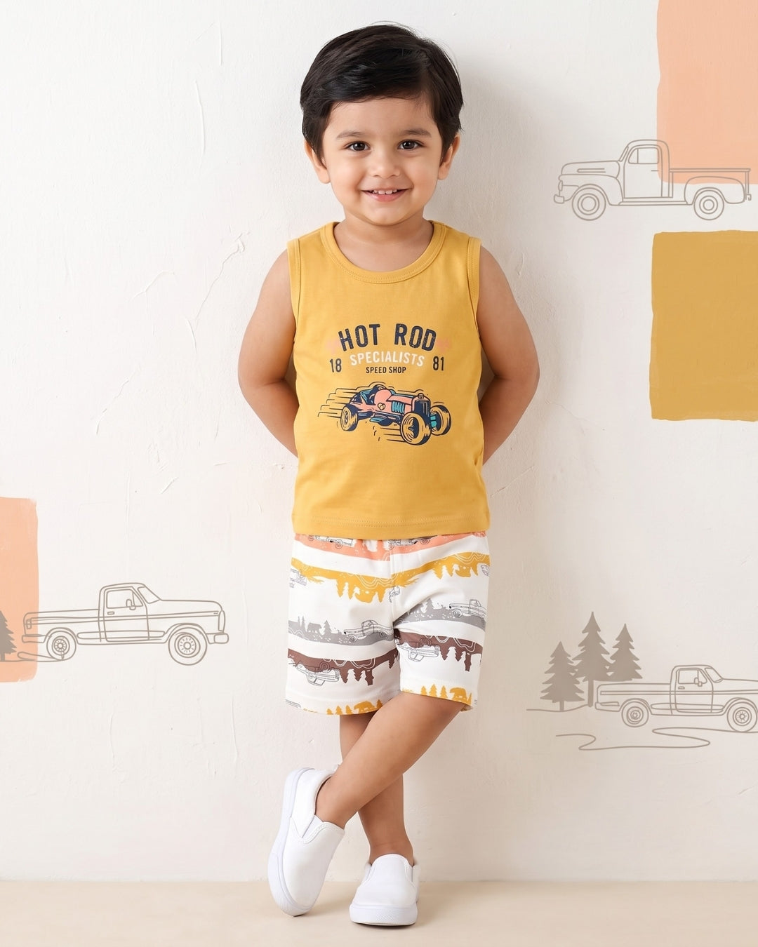 Hot Rod Racer Sleeveless T-Shirt & Half Pant Set | Yellow
