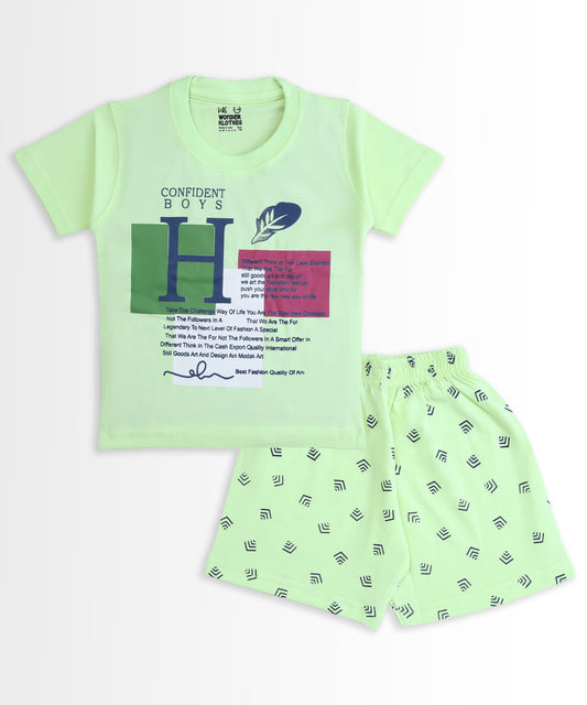 Feather Half Sleeves T-Shirt & Half Pant Set | Green