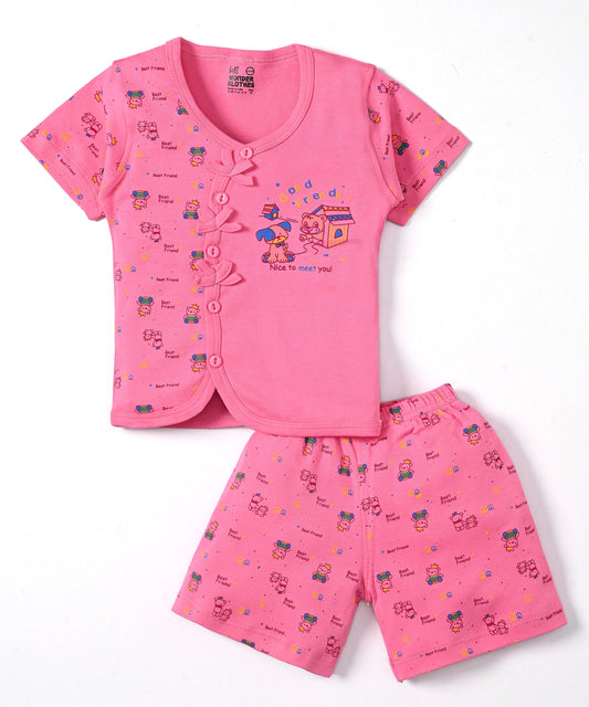 Friends Half Sleeves Front Open T-Shirt & Half Pant Set | Pink