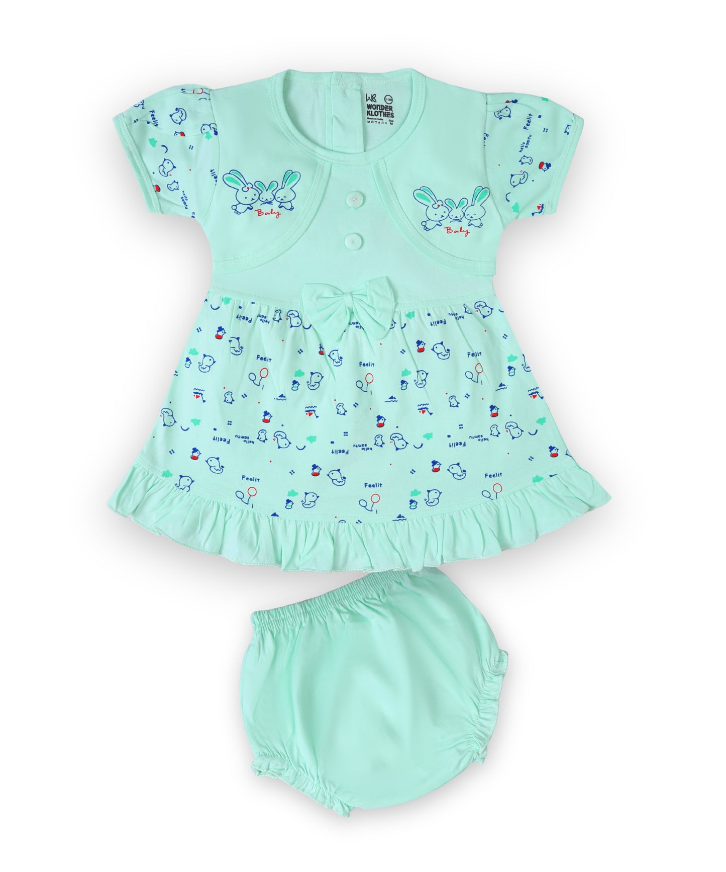 Baby Birds Half Sleeves Frock & Bloomer Pant Set | Green