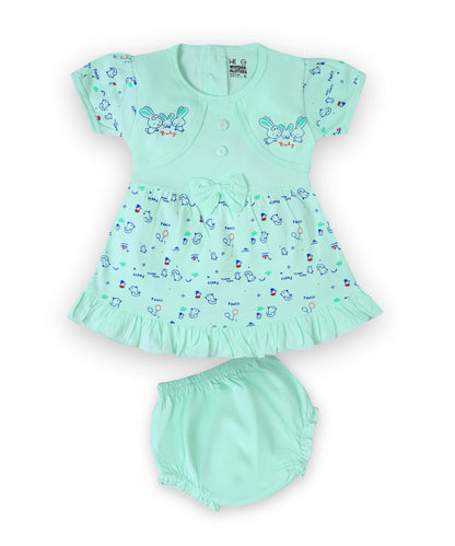 Baby Birds Half Sleeves Frock & Bloomer Pant Set | Green