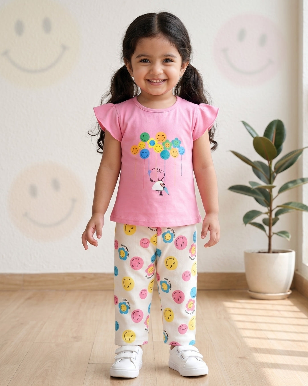 Smiley Faces Short Sleeves Top & Full Pant Set | Pink