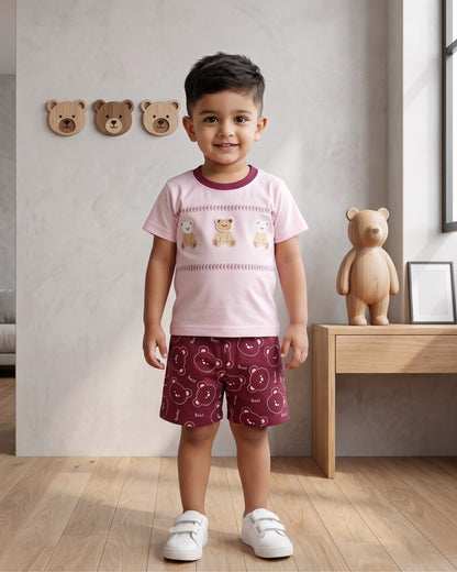 Teddy Trio Half Sleeves T-Shirt & Half Pant Set | Pink