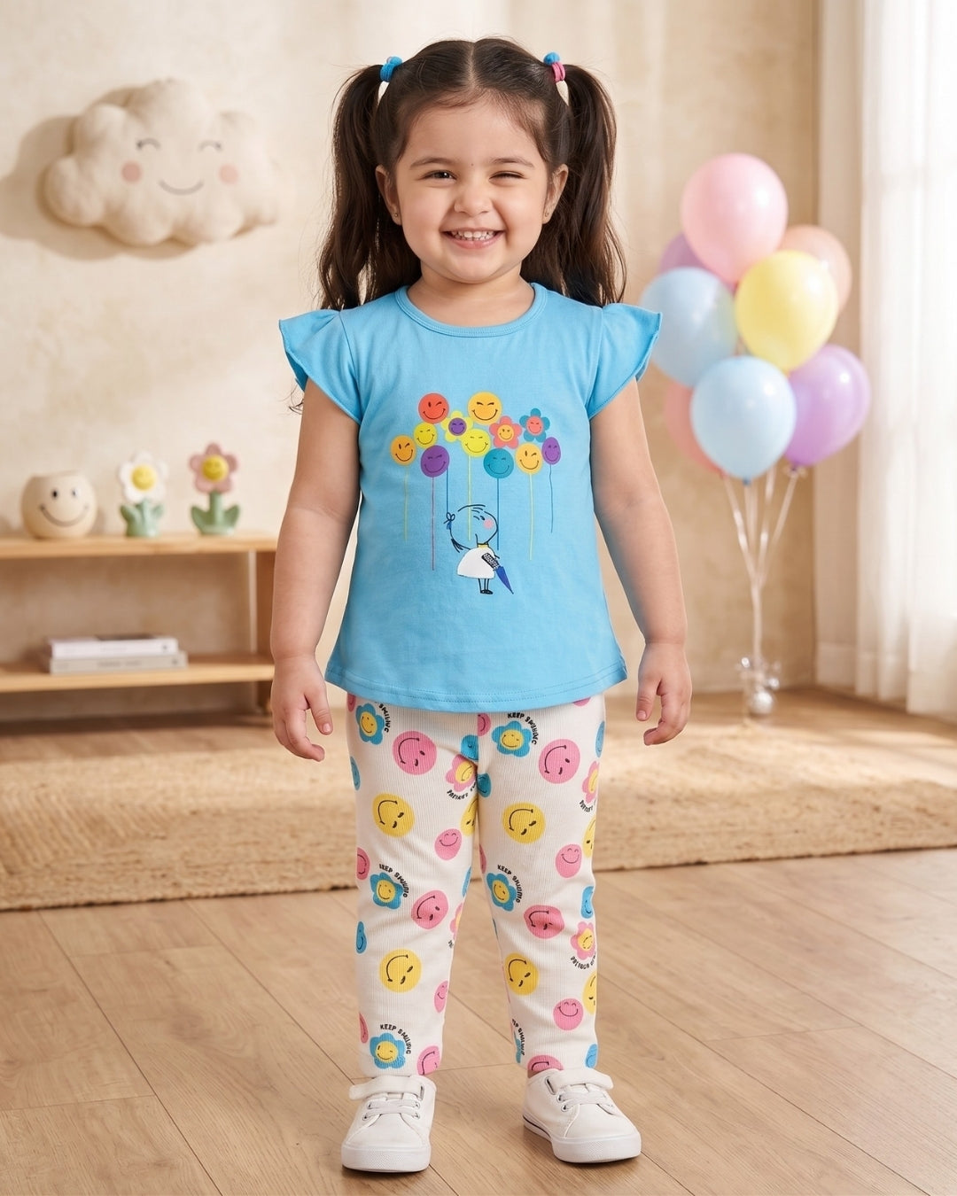 Smiley Faces Short Sleeves Top & Full Pant Set | Blue