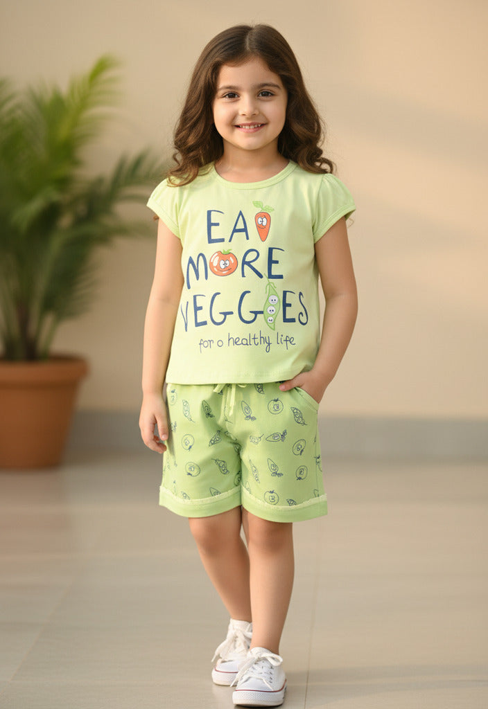Eat More Veggies Short Sleeves Top & Hot Pant Set | Green