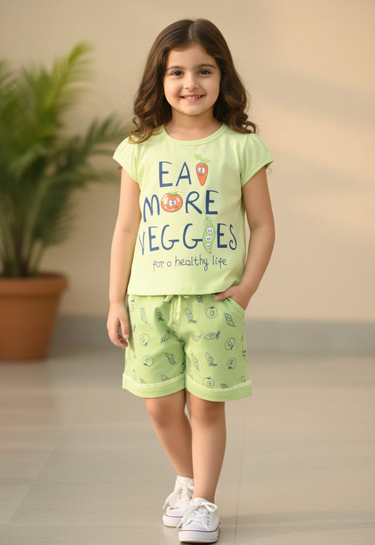 Eat More Veggies Short Sleeves Top & Hot Pant Set | Green