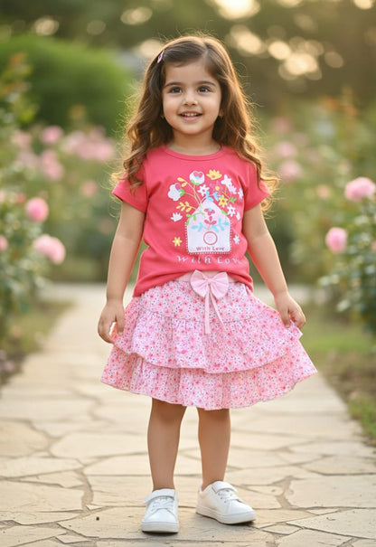 With Love Half Sleeves Top & Skirt Set | Pink