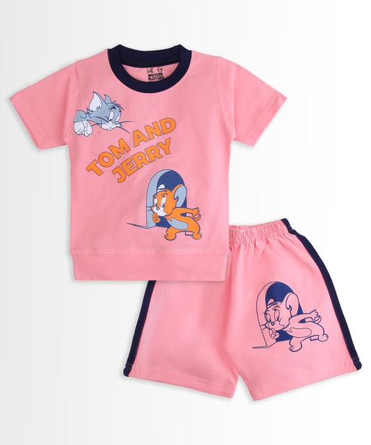 Tom and Jerry Half Sleeves T-Shirt & Half Pant Set | Pink