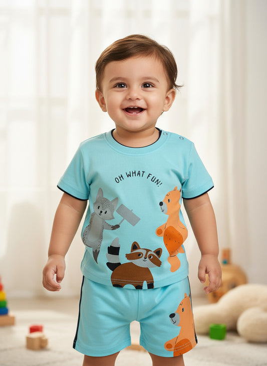 Oh What Fun Half Sleeves Shoulder Open T-Shirt & Half Pant Set | Blue