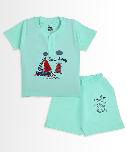 Sail Away Half Sleeves T-Shirt & Half Pant Set | Green
