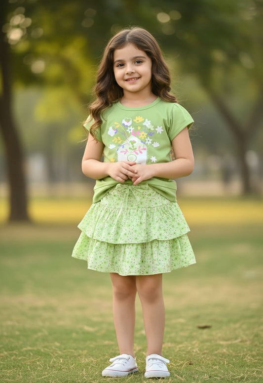 With Love Half Sleeves Top & Skirt Set | Green