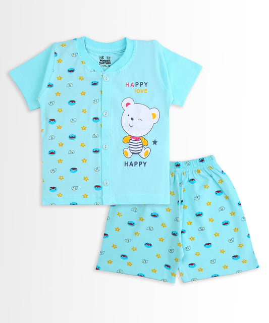 Happy Bear Half Sleeves Front Open T-Shirt & Half Pant Set | Blue