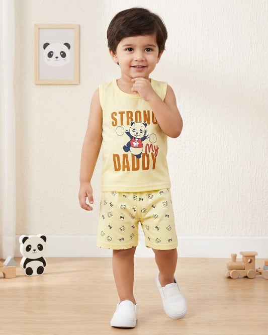 Strong Daddy Sleeveless T-Shirt & Half Pant Set | Yellow