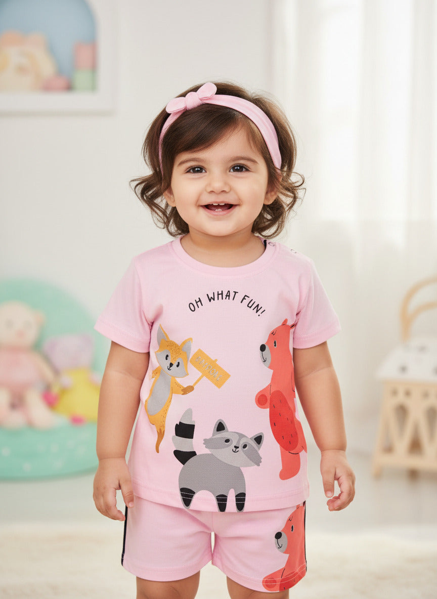 Oh What Fun Half Sleeves Shoulder Open T-Shirt & Half Pant Set | Pink
