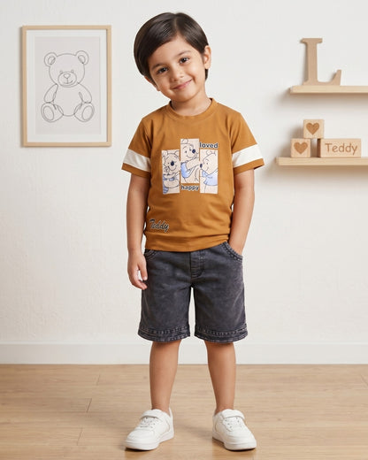Happy Teddy Half Sleeves T-Shirt & RFD Shorts Set | Yellow