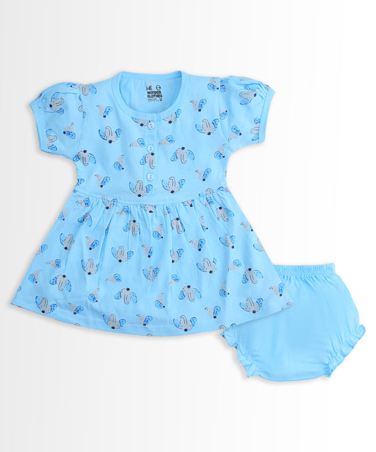 Elephant Half Sleeves Frock & Bloomer Pant Set | Blue