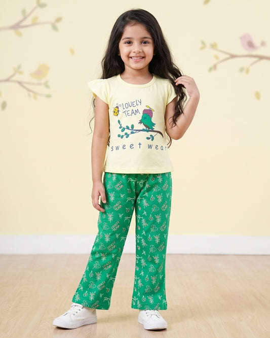 Sweet Bird Short Sleeves Top & Bootcut Pant Set | Green