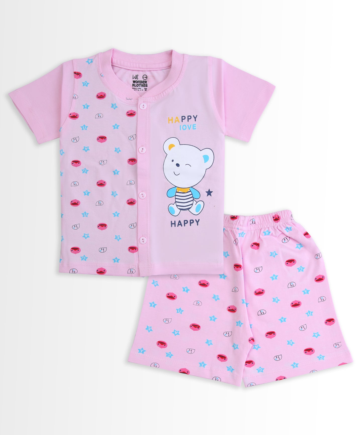 Happy Bear Half Sleeves Front Open T-Shirt & Half Pant Set | Pink