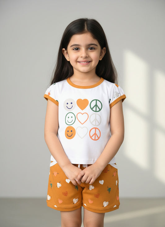 Smiley Heart Short Sleeves Top & Hot Pant Set | Yellow