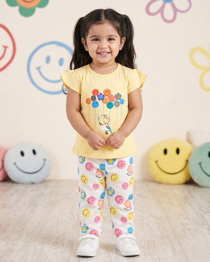 Smiley Faces Short Sleeves Top & Full Pant Set | Yellow