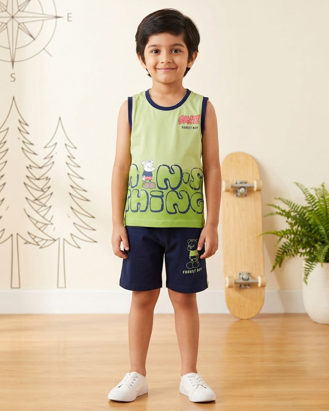 Skate Things Sleeveless T-Shirt & Half Pant Set | Green