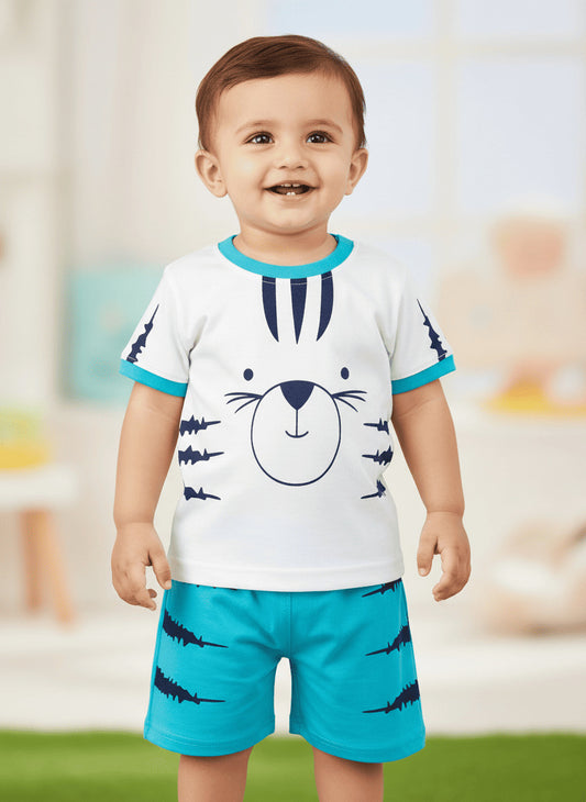 Tiger Claws Half Sleeves T-Shirt & Half Pant Set | Blue