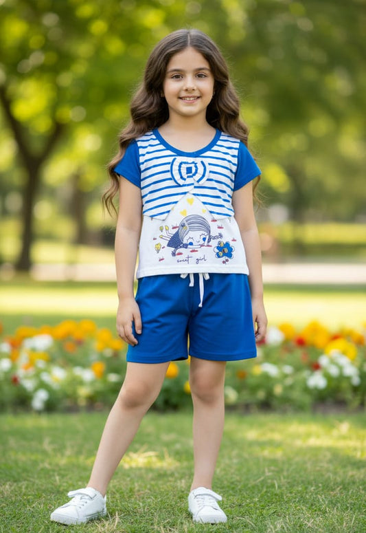 Sweet Girl Half Sleeves Top & Hot Pant Set | Blue
