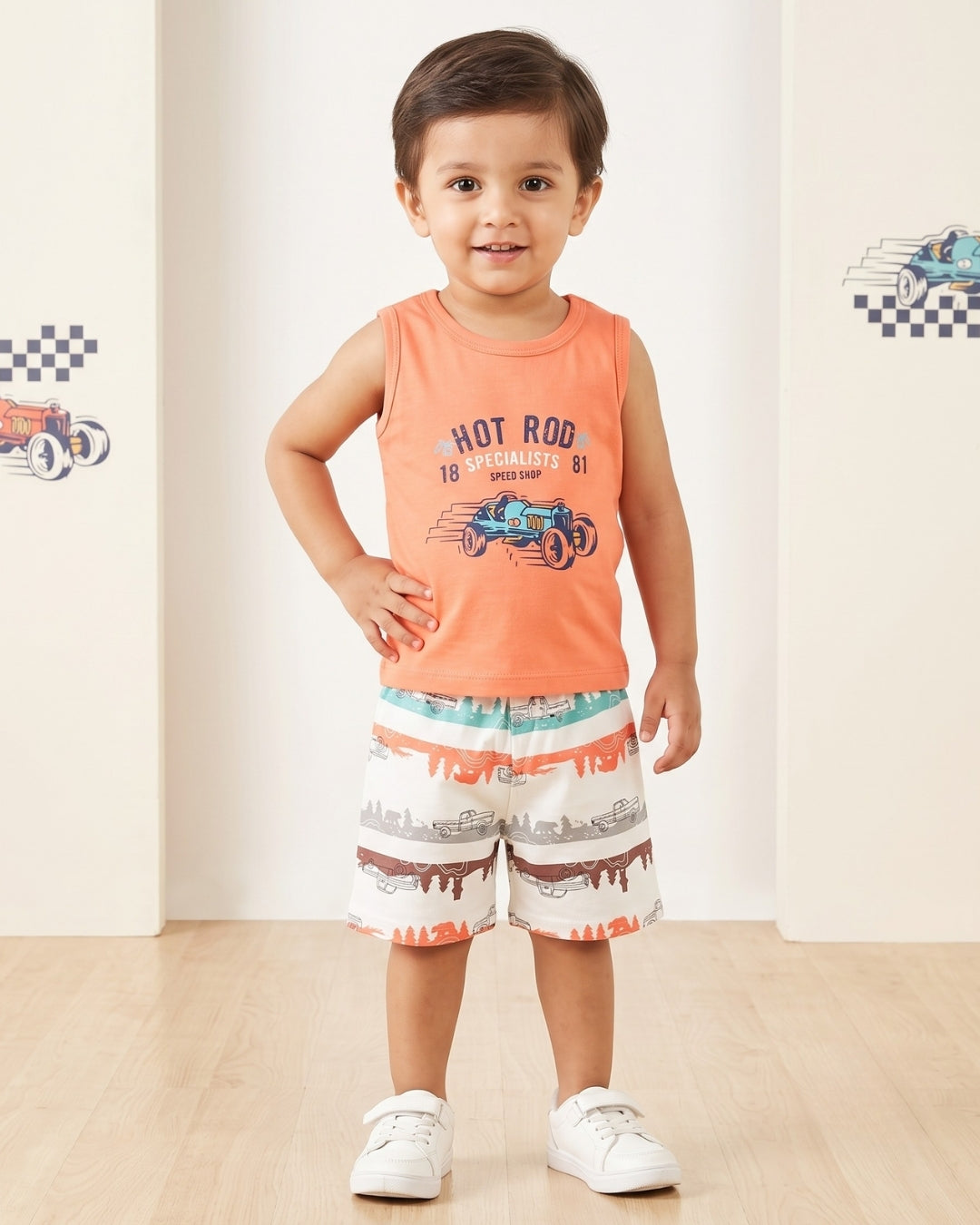 Hot Rod Racer Sleeveless T-Shirt & Half Pant Set | Orange