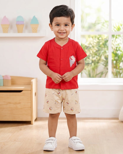Sweet Scoops Half Sleeves Front Open T-Shirt & Half Pant Set | Red