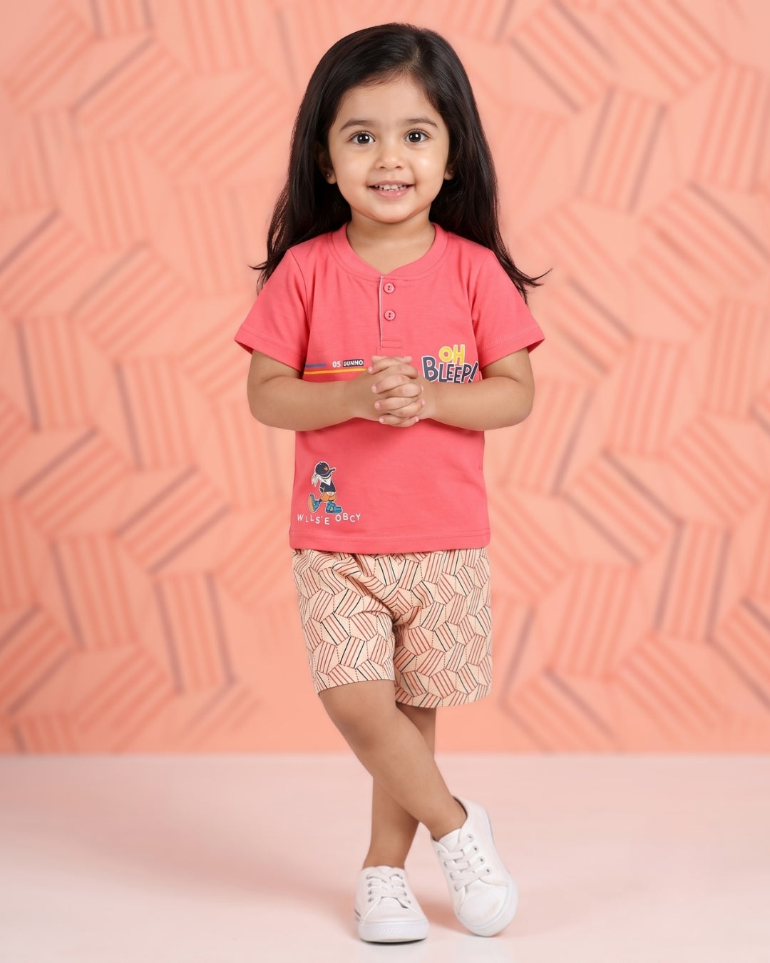 Oh Bleep Half Sleeves T-Shirt & Half Pant Set | Pink