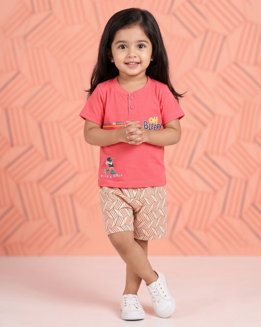 Oh Bleep Half Sleeves T-Shirt & Half Pant Set | Pink