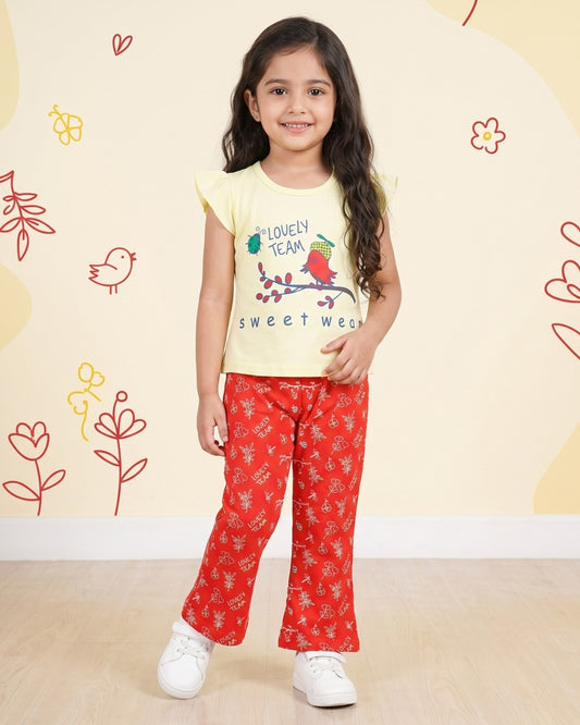 Sweet Bird Short Sleeves Top & Bootcut Pant Set | Red