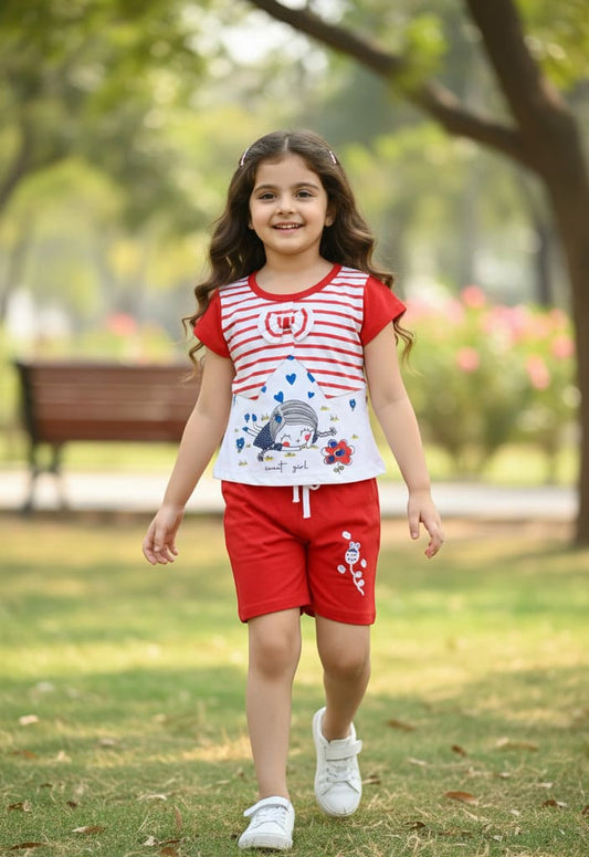 Sweet Girl Half Sleeves Top & Hot Pant Set | Red