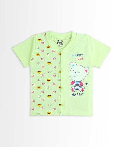 Happy Bear Half Sleeves Front Open T-Shirt & Half Pant Set | Green