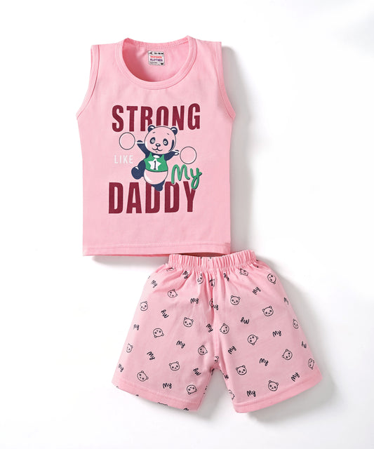 Strong Daddy Sleeveless T-Shirt & Half Pant Set | Pink