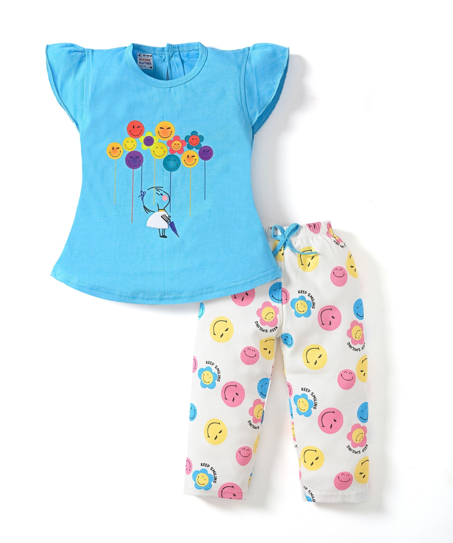 Smiley Faces Short Sleeves Top & Full Pant Set | Blue