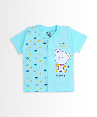 Happy Bear Half Sleeves Front Open T-Shirt & Half Pant Set | Blue